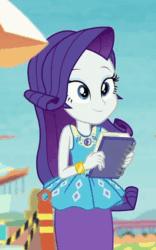 Size: 384x616 | Tagged: safe, screencap, rarity, better together, equestria girls, rollercoaster of friendship, animated, blinking, book, cropped, cute, eyeshadow, female, geode of shielding, gif, makeup, raribetes, smiling, solo