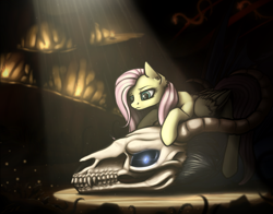 Size: 1436x1125 | Tagged: safe, artist:dipfanken, fluttershy, dragon, pegasus, pony, crepuscular rays, looking down, skull, solo, spotlight, wavy mouth