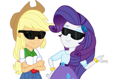 Size: 1069x679 | Tagged: safe, artist:noahther, applejack, rarity, equestria girls, deal with it, eyes closed, female, glasses, lesbian, rarijack, shipping, sunglasses, swag