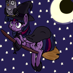 Size: 500x500 | Tagged: safe, derpibooru import, owlowiscious, twilight sparkle, twilight sparkle (alicorn), alicorn, pony, broom, cape, clothes, crescent moon, female, flying, flying broomstick, hat, mare, moon, night, night sky, smiling, stars, witch, witch hat