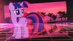 Size: 1600x900 | Tagged: safe, artist:krusiu42, artist:metalliclenneth, derpibooru import, edit, twilight sparkle, unicorn twilight, unicorn, aesthetics, female, mare, neon, palm tree, retro, solo, synthwave, tree, vector, wallpaper, wallpaper edit