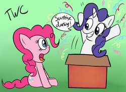 Size: 1280x939 | Tagged: safe, artist:tellywebcartoons, pinkie pie, rarity, earth pony, pony, unicorn, 30 minute art challenge, behaving like pinkie pie, darling, mane swap, personality swap