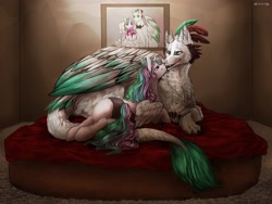 Size: 2291x1721 | Tagged: artist needed, source needed, safe, princess celestia, oc, oc:arculascrain, alicorn, pony, bed, bedroom eyes, bouquet, canon x oc, celescrain, clothes, dress, eye contact, female, frilly underwear, hoof hold, interspecies, looking at each other, mare, open mouth, panties, prone, shipping, smiling, underwear, wedding dress, wedding photo