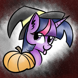 Size: 890x890 | Tagged: safe, artist:uunicornicc, derpibooru import, twilight sparkle, pumpkin, solo, tongue out, witch hat