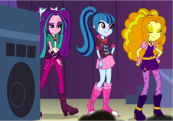 Size: 821x574 | Tagged: safe, screencap, adagio dazzle, aria blaze, sonata dusk, equestria girls, rainbow rocks, eyes closed, smiling, the dazzlings, when she smiles