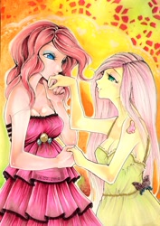 Size: 1722x2431 | Tagged: safe, artist:nanako87, fluttershy, pinkie pie, human, female, flutterpie, humanized, lesbian, shipping, traditional art