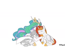 Size: 2000x1500 | Tagged: safe, princess celestia, oc, oc:king phoenix, oc:light knight, alicorn, pegasus, pony, alicorn oc, armor, cape, celenix, clothes, crown, eyes closed, jewelry, lightestia, regalia, simple background, trio, white background