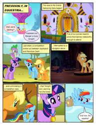 Size: 612x792 | Tagged: safe, artist:newbiespud, derpibooru import, edit, edited screencap, screencap, applejack, eclair créme, fine line, jangles, masquerade, maxie, orion, rainbow dash, shooting star (character), spike, star gazer, twilight sparkle, unicorn twilight, dragon, earth pony, pegasus, pony, unicorn, comic:friendship is dragons, armor, background pony, bound wings, castle, cloud, comic, dialogue, female, flying, freckles, grin, hat, hot air balloon, looking back, looking up, male, mare, medal, moat, raised hoof, riding, rope, saddle bag, screencap comic, smiling, statue, wings