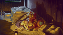 Size: 1920x1080 | Tagged: safe, artist:ponytron5000, big macintosh, fluttershy, earth pony, pegasus, pony, barn, dark, fluttermac, glow, hay, lamp, male, night, shipping, sleeping, snuggling, stallion, straight