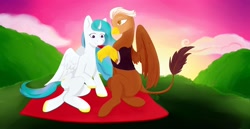 Size: 2100x1080 | Tagged: safe, princess celestia, oc, oc:alviss, alicorn, bird, griffon, pony, picnic