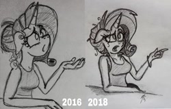 Size: 1000x636 | Tagged: safe, artist:palmartz44, rarity, anthro, unicorn, clothes, comparison, draw this again, hair bun, improvement, progress, solo, traditional art