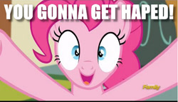 Size: 474x272 | Tagged: safe, edit, edited screencap, screencap, pinkie pie, earth pony, pony, caption, hape, hug, image macro, incoming hug, meme