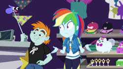 Size: 1280x720 | Tagged: safe, derpibooru import, screencap, rainbow dash, snips, better together, equestria girls, holidays unwrapped, cap, clothes, female, geode of super speed, hat, magical geodes, male, pants, plusplus, shirt, smiling, toy