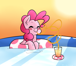 Size: 1227x1055 | Tagged: safe, artist:melodicmarzipan, pinkie pie, earth pony, pony, bendy straw, blushing, drinking straw, eyes closed, floating, inner tube, solo, swimming pool, water, wet