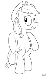 Size: 1102x1780 | Tagged: safe, artist:rapidstrike, applejack, earth pony, pony, bipedal, black and white, female, grayscale, lineart, mare, monochrome, scared, simple background, solo, wavy mouth, white background