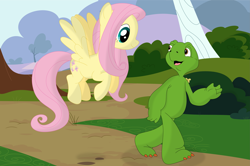 Size: 3489x2317 | Tagged: safe, artist:porygon2z, fluttershy, pegasus, pony, crossover, female, franklin the turtle, mare
