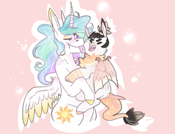 Size: 753x575 | Tagged: safe, artist:m00n-fruit, princess celestia, oc, oc:apollo eris casseopia, alicorn, hybrid, pony, colored wings, colored wingtips, cuddling, curved horn, cute, cutelestia, female, holding, interspecies offspring, licking, male, momlestia, mother and child, mother and son, ocbetes, offspring, parent and child, parent:discord, parent:princess celestia, parents:dislestia, sillestia, silly, tongue out