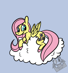 Size: 380x412 | Tagged: safe, artist:lilsunshinesam, fluttershy, pegasus, pony, cloud, colored hooves, crossed hooves, looking at you, lying down, simple background, solo