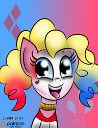 Size: 1000x1300 | Tagged: safe, artist:lennonblack, pinkie pie, earth pony, pony, clothes, cosplay, costume, harley quinn, patreon, patreon logo, solo, suicide squad, tattoo