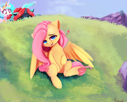 Size: 2500x2000 | Tagged: safe, artist:miokomata, fluttershy, princess celestia, oc, oc:taffeta, alicorn, pegasus, pony, unicorn, cute, cute little fangs, fangs, female, frog (hoof), grass, heart, looking at you, mare, sexy, shyabetes, smiling, soon, underhoof, watching