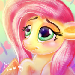 Size: 1417x1417 | Tagged: safe, artist:loveless-nights, fluttershy, pegasus, pony, bust, cutie mark background, female, looking up, mare, portrait, raised hoof, smiling, solo, three quarter view, wings