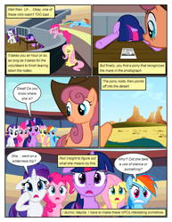 Size: 612x792 | Tagged: safe, artist:newbiespud, derpibooru import, edit, edited screencap, screencap, applejack, fluttershy, pinkie pie, rainbow dash, rarity, twilight sparkle, unicorn twilight, wildwood flower, earth pony, pegasus, pony, unicorn, comic:friendship is dragons, the last roundup, angry, background pony, comic, d:, dialogue, female, female pov, frown, grin, gritted teeth, hat, looking back, mane six, mare, offscreen character, open mouth, photo, pov, screencap comic, smiling, stadium, tired