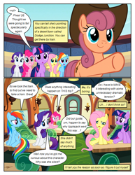 Size: 612x792 | Tagged: safe, artist:newbiespud, derpibooru import, edit, edited screencap, screencap, fluttershy, pinkie pie, rainbow dash, rarity, twilight sparkle, unicorn twilight, wildwood flower, earth pony, pegasus, pony, unicorn, comic:friendship is dragons, the last roundup, background pony, bed, comic, dialogue, female, hat, lamp, mare, pointing, raised hoof, sad, screencap comic, sitting, smiling, worried