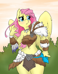 Size: 1800x2295 | Tagged: safe, artist:atryl edits, artist:mrponeswildride, color edit, edit, fluttershy, anthro, barbarian, belly button, blushing, clothes, colored, leather, leather straps, loincloth, midriff, skirt