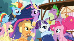 Size: 1668x936 | Tagged: safe, derpibooru import, screencap, applejack, fluttershy, pinkie pie, princess twilight 2.0, rainbow dash, rarity, spike, twilight sparkle, twilight sparkle (alicorn), alicorn, dragon, earth pony, pegasus, pony, unicorn, the last problem, all is well, applejack's hat, bags under eyes, best friends, chestplate, clothes, cowboy hat, cropped, crown, ethereal mane, eyes closed, female, flapping, flowing mane, flying, freckles, fur coat, gigachad spike, granny smith's scarf, group, hoof shoes, jewelry, looking at each other, male, mane seven, mane six, mare, older, older applejack, older fluttershy, older mane seven, older mane six, older pinkie pie, older rainbow dash, older rarity, older spike, older twilight, peytral, poofy mane, regalia, royal advisor, rubber duck, singing, sitting, skunk stripe, smiling, stetson, the magic of friendship grows, uniform, wall of tags, wonderbolts uniform