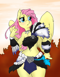 Size: 1800x2295 | Tagged: safe, artist:atryl edits, artist:mrponeswildride, color edit, edit, fluttershy, anthro, barbarian, belly button, blushing, clothes, colored, leather, loincloth, midriff, skirt