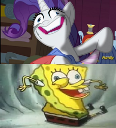 Size: 422x462 | Tagged: safe, edit, edited screencap, screencap, rarity, pony, unicorn, fame and misfortune, bummer vacation, comparison, funny, i've been waiting for you patrick, insanity, makeup, rarisnap, running makeup, spongebob squarepants, why i'm creating a gown darling