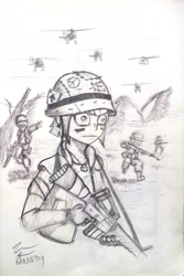 Size: 2024x3024 | Tagged: safe, artist:mrnein9, sonata dusk, equestria girls, ace of spades, assault rifle, born to x, crossover, eye black (makeup), flak jacket, frown, full metal jacket, grayscale, gun, helicopter, helmet, jewelry, m16, m16a1, meme, monochrome, necklace, peace sign, rifle, shell shock, soldier, special eyes, thousand yard stare, traditional art, vietnam, vietnam war, weapon