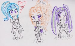 Size: 2830x1760 | Tagged: safe, artist:orochivanus, adagio dazzle, aria blaze, sonata dusk, equestria girls, chibi, the dazzlings, traditional art