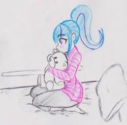 Size: 1998x1975 | Tagged: safe, artist:orochivanus, sonata dusk, equestria girls, bed, blushing, ponytail, solo, teddy bear, traditional art