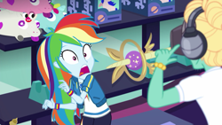 Size: 1280x720 | Tagged: safe, derpibooru import, screencap, rainbow dash, zephyr breeze, better together, equestria girls, holidays unwrapped, clothes, female, geode of super speed, magical geodes, male, plusplus, scared, vr headset