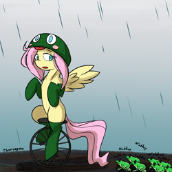 Size: 1000x1000 | Tagged: safe, artist:thattagen, fluttershy, frog, pegasus, pony, clothes, dat boi, hat, looking down, meme, open mouth, rain, socks, sockypockytwi, solo, tumblr, unicycle