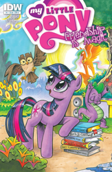 Size: 664x1020 | Tagged: safe, artist:andypriceart, idw, owlowiscious, princess celestia, spike, twilight sparkle, alicorn, dragon, pony, spoiler:comic, armpits, book, boombox, cover, official comic