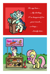 Size: 922x1361 | Tagged: safe, artist:toonbat, bon bon, fluttershy, lyra heartstrings, sweetie drops, pegasus, pony, artisan, comic, craft, female, ghost (movie), lesbian, lyrabon, lyrics, mare, parody, pottery, pottery wheel, reality ensues, scrunchy face, sculpting, sculptor, shipping, shop, song reference, stall, the righteous brothers, unchained melody, working