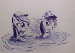 Size: 950x675 | Tagged: safe, artist:inkygarden, applejack, coloratura, earth pony, pony, the mane attraction, ballpoint pen, camp friendship, filly, monochrome, rara, scene interpretation, sketch, splashing, traditional art, water, younger