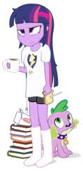 Size: 480x1008 | Tagged: safe, artist:dm29, derpibooru import, flash sentry, spike, twilight sparkle, twilight sparkle (alicorn), alicorn, dog, equestria girls, bed hair, bloodshot eyes, book, bow, butter, chinese food, clothes, coffee, coffee mug, dishevelled, duo, fork, frown, hangover, implied flashlight, messy hair, mug, shirt, simple background, socks, spike the dog, tired, toast, transparent background, unamused, vector