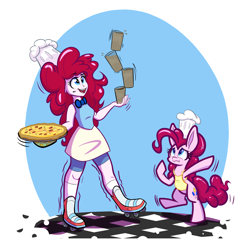 Size: 1800x1800 | Tagged: safe, artist:heir-of-rick, pinkie pie, equestria girls, apron, big ears, clothes, cute, duo, food, human ponidox, humanized, pizza, soda