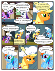 Size: 612x792 | Tagged: safe, artist:newbiespud, derpibooru import, edit, edited screencap, screencap, applejack, rainbow dash, rarity, twilight sparkle, unicorn twilight, earth pony, pegasus, pony, unicorn, comic:friendship is dragons, the last roundup, ..., annoyed, chef's hat, cherry, clothes, comic, conveyor belt, dialogue, eyes closed, female, flying, food, freckles, frown, grin, hamster wheel, hat, mare, raised hoof, saddle bag, screencap comic, smiling