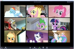 Size: 2124x1398 | Tagged: safe, derpibooru import, applejack, discord, fluttershy, pinkie pie, princess celestia, rainbow dash, rarity, spike, twilight sparkle, alicorn, draconequus, dragon, earth pony, pegasus, pony, unicorn, coronavirus, covid-19, discovery family, mane seven, mane six, official, social distancing, stock vector, zoom