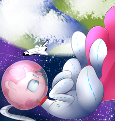 Size: 2000x2100 | Tagged: safe, artist:madacon, pinkie pie, earth pony, pony, astronaut, cute, diapinkes, earth, helmet, newbie artist training grounds, planet, smiling, solo, space, space shuttle, spacesuit, stars