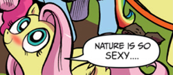 Size: 1495x650 | Tagged: safe, edit, fluttershy, pegasus, pony, blue coat, blue eyes, blushing, dialogue, exploitable meme, female, implied flutterzoo, looking up, mare, meme, multicolored tail, nature is so fascinating, obligatory pony, pink coat, pink mane, smiling, speech bubble, wings, yellow coat