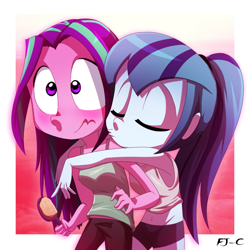 Size: 900x900 | Tagged: safe, artist:fj-c, aria blaze, sonata dusk, equestria girls, rainbow rocks, alternate hairstyle, arisona, belly button, clothes, female, kissing, lesbian, loose hair, midriff, ponytail, shipping, shorts, tanktop