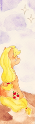 Size: 534x1891 | Tagged: safe, artist:chiuuchiuu, applejack, earth pony, pony, applejack's parents, hatless, missing accessory, rear view, sitting, solo, stars, traditional art, watercolor painting