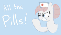 Size: 1000x567 | Tagged: safe, artist:tehflah, nurse redheart, earth pony, pony, 30 minute art challenge, female, gritted teeth, hat, mare, nurse hat, raised hoof, signature, simple background, solo, text