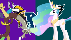 Size: 1920x1080 | Tagged: safe, artist:jordila-forge, discord, princess celestia, alicorn, draconequus, pony, american football, duo, female, mare, minnesota vikings, nfc championship, nfl, nfl playoffs, philadelphia eagles, sports, vector