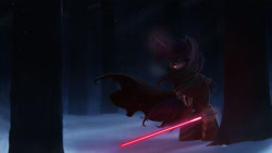 Size: 2832x1592 | Tagged: safe, artist:ncmares, derpibooru import, twilight sparkle, twilight sparkle (alicorn), alicorn, pony, cape, clothes, crossover, female, lightsaber, mare, scarf, sith, snow, snowfall, solo, star wars, wallpaper, weapon